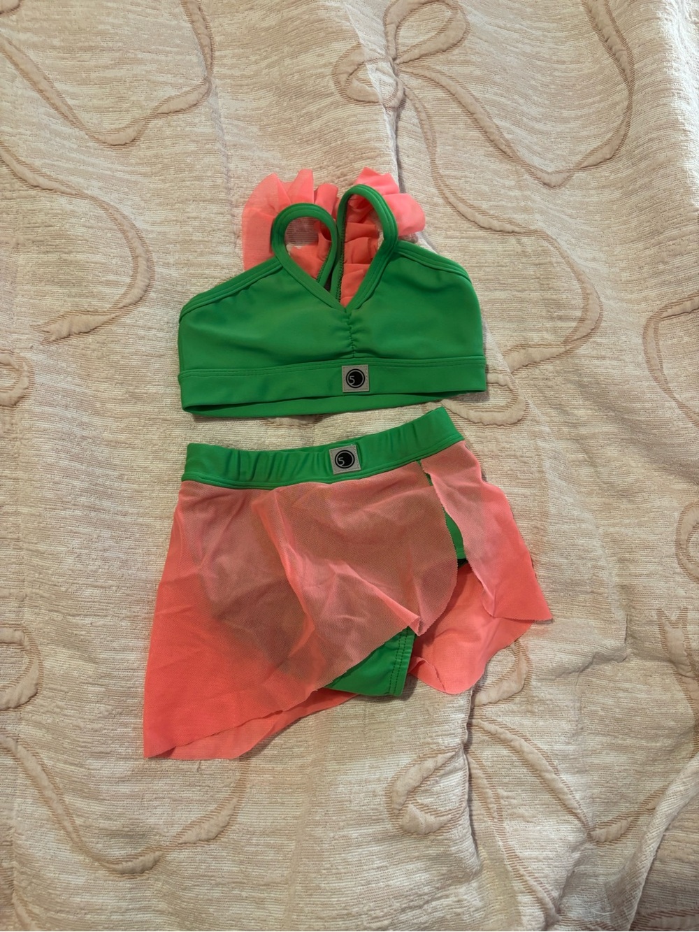 Kids Two-Piece Green and Pink Dance set  with Mesh Skirt five the label